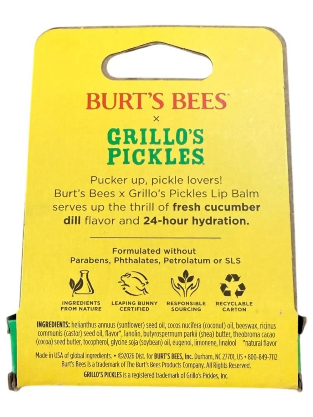 Burt's Bees Grillo's Pickles Moisturizing Hydrating Lip Balm 0.15 oz - FAST SHIP